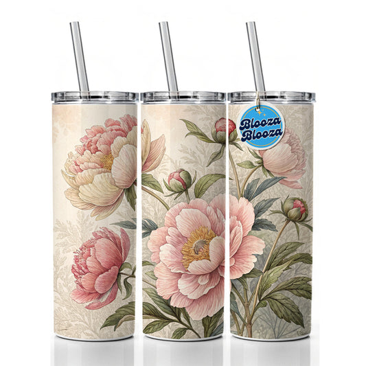 Vintage Peony Flowers Skinny Tumbler 20oz with Straw Insulated Water Bottle Gift