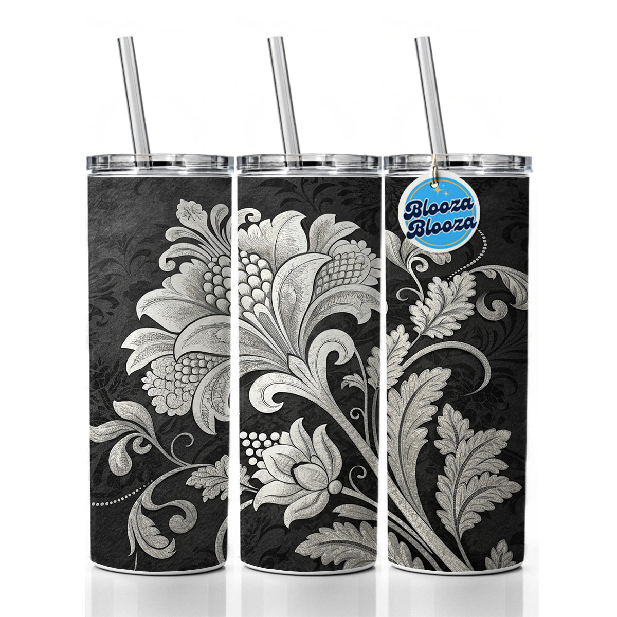 White Damask On Black Skinny Tumbler 20oz with Straw Insulated Water Bottle Gift