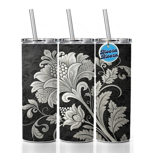 White Damask On Black Skinny Tumbler 20oz with Straw Insulated Water Bottle Gift