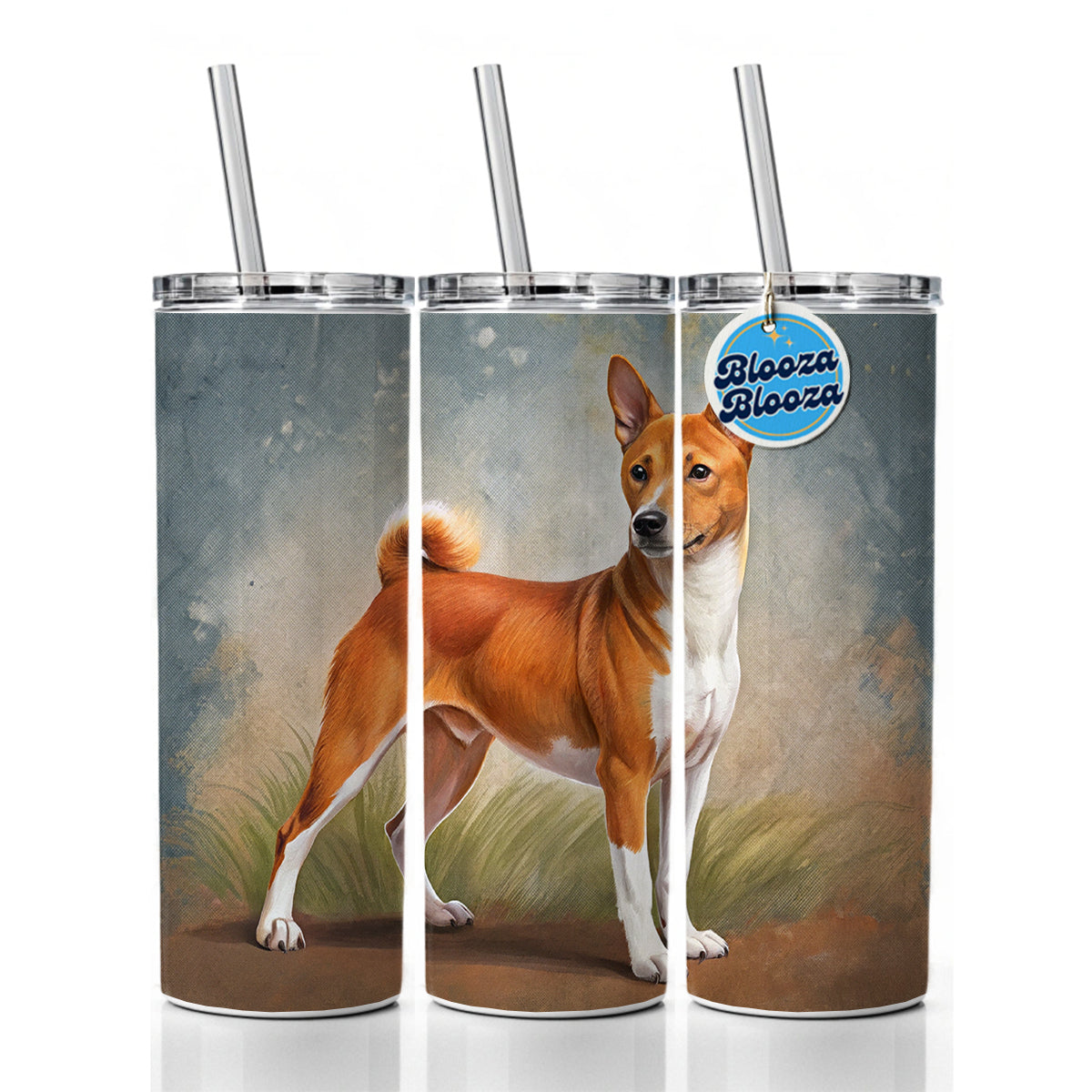 Basenji Dog Illustration Skinny Tumbler 20oz with Straw Insulated Water Bottle Gift