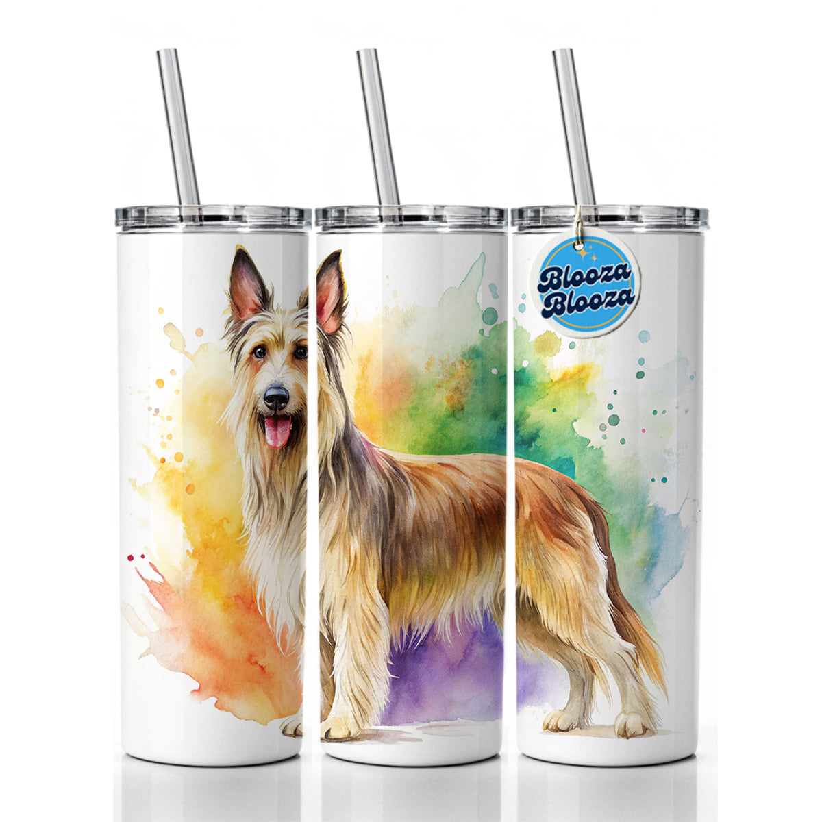 Berger Picard Dog Watercolor Style Skinny Tumbler 20oz with Straw Insulated Water Bottle Gift