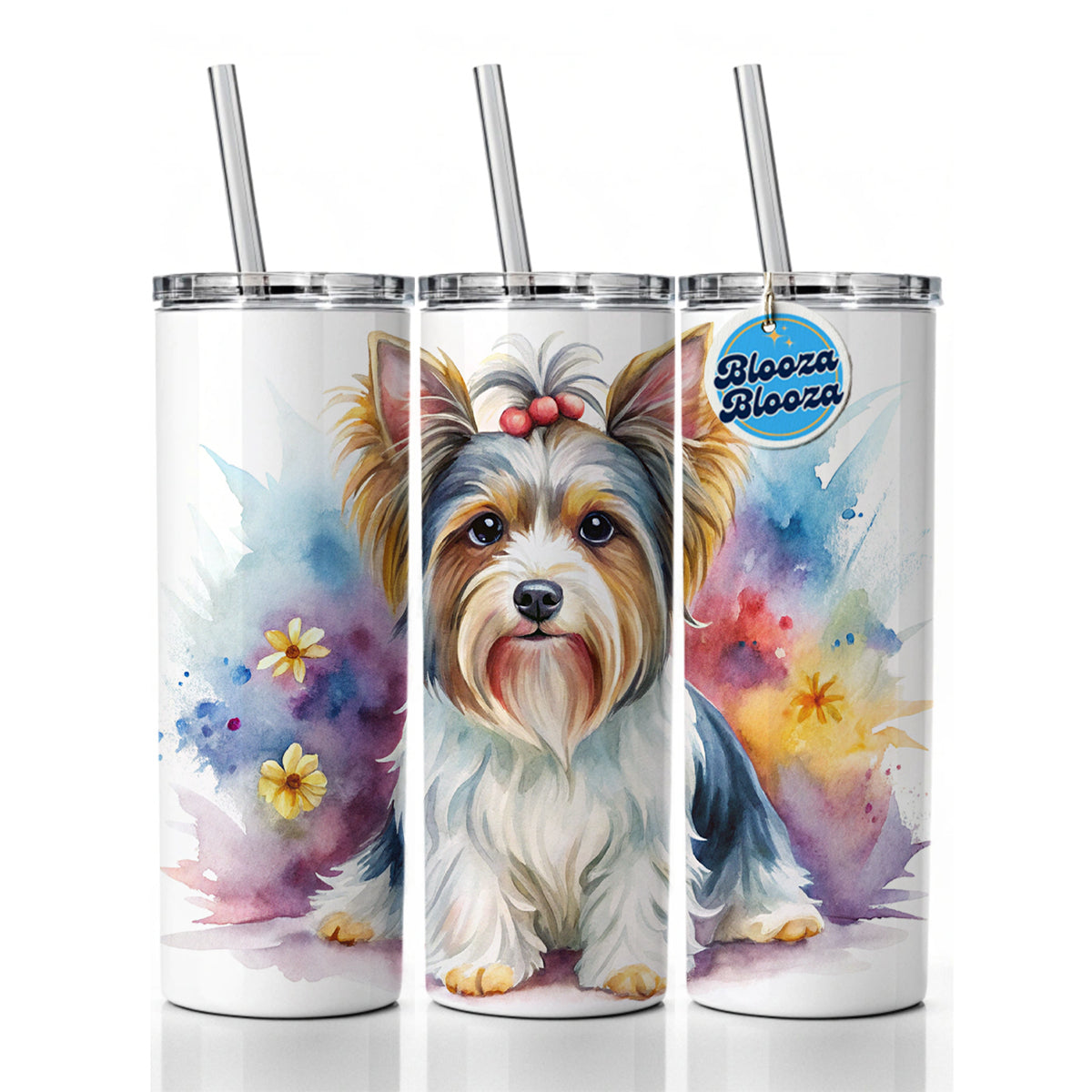 Biewer Terrier Dog Watercolor Style Skinny Tumbler 20oz with Straw Insulated Water Bottle Gift