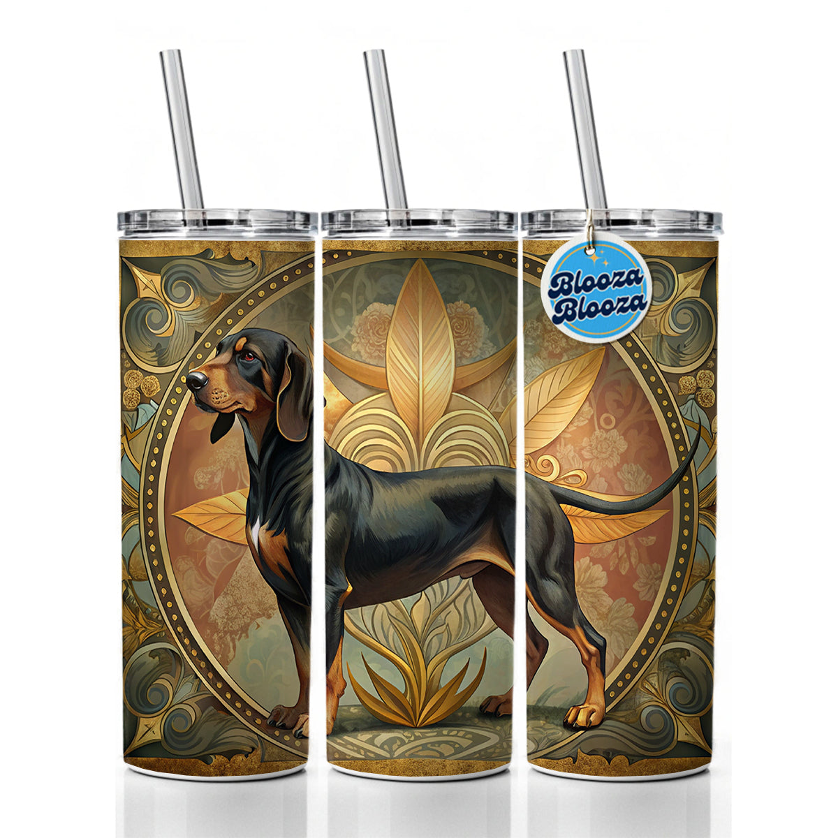 Black And Tan Coonhound Dog Art Nouveau Skinny Tumbler 20oz with Straw Insulated Water Bottle Gift