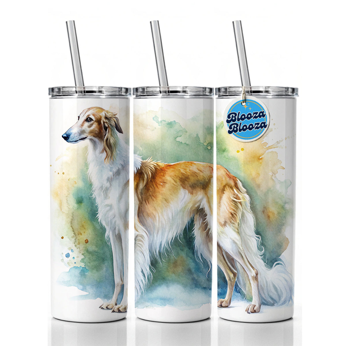 Borzoi Dog Watercolor Style Skinny Tumbler 20oz with Straw Insulated Water Bottle Gift