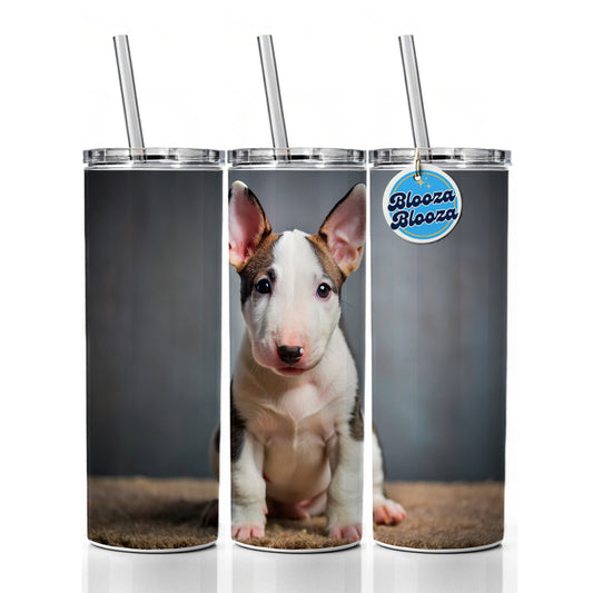 Miniature Bull Terrier Dog Puppy Photo Skinny Tumbler 20oz with Straw Insulated Water Bottle Gift