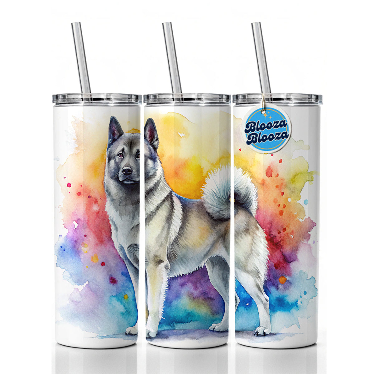 Norwegian Elkhound Dog Watercolor Style Skinny Tumbler 20oz with Straw Insulated Water Bottle Gift