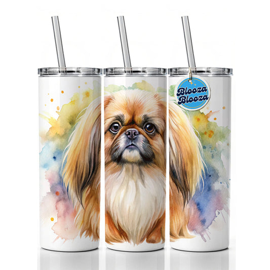 Pekingese Dog Watercolor Style Skinny Tumbler 20oz with Straw Insulated Water Bottle Gift