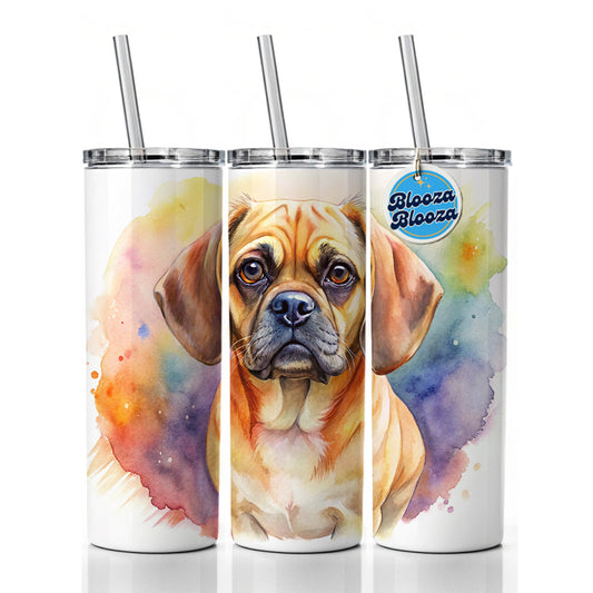 Puggle Dog Watercolor Style Skinny Tumbler 20oz with Straw Insulated Water Bottle Gift