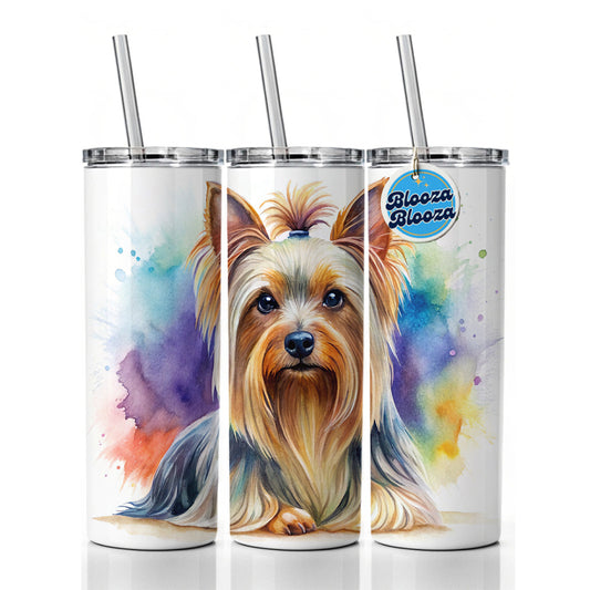 Silky Terrier Dog Watercolor Style Skinny Tumbler 20oz with Straw Insulated Water Bottle Gift