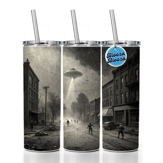 Alien Invasion Found Footage Black and White Skinny Tumbler 20oz with Straw Insulated Water Bottle Gift