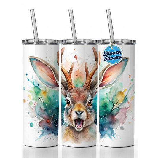 Angry Jackalope Watercolor Skinny Tumbler 20oz with Straw Insulated Water Bottle Gift