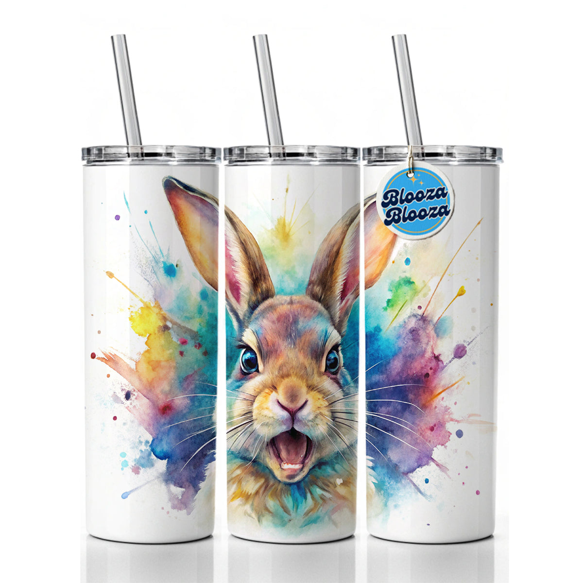 Angry Rabbit Bunny Watercolor Skinny Tumbler 20oz with Straw Insulated Water Bottle Gift