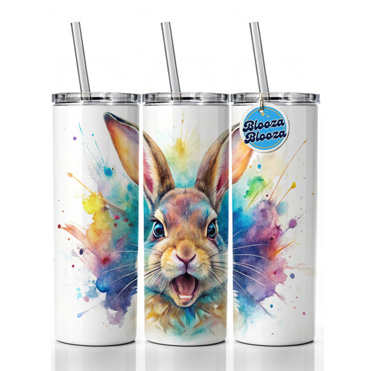 Angry Rabbit Bunny Watercolor Skinny Tumbler 20oz with Straw Insulated Water Bottle Gift
