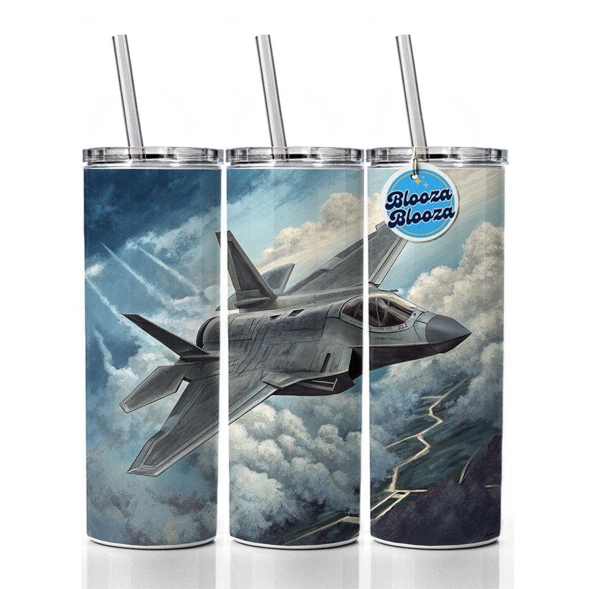 F-35 in Cloudy Sky US Air Force Navy Marines Plane Skinny Tumbler 20oz with Straw Insulated Water Bottle Gift