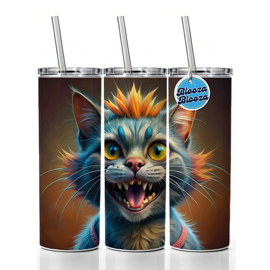 Funny Funky Crazy Cat Skinny Tumbler 20oz with Straw Insulated Water Bottle Gift