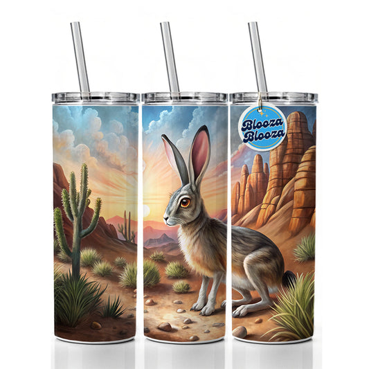 Jackrabbit In Desert Skinny Tumbler 20oz with Straw Insulated Water Bottle Gift