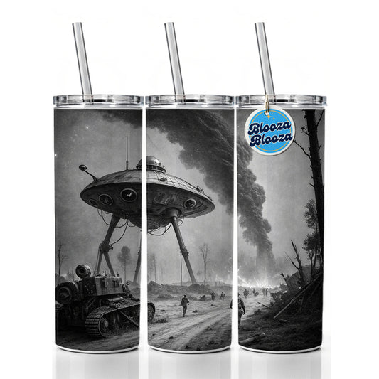 Martian Alien Invasion Tripod War Machine Retro Black and White Skinny Tumbler 20oz with Straw Insulated Water Bottle Gift