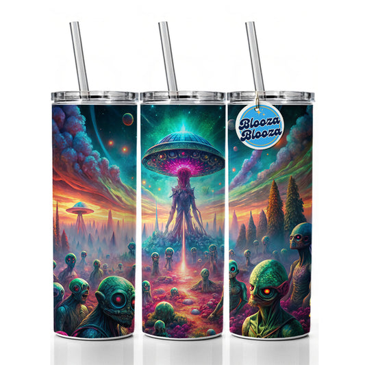 Psychedelic Alien Invasion Vibrant Colors Skinny Tumbler 20oz with Straw Insulated Water Bottle Gift