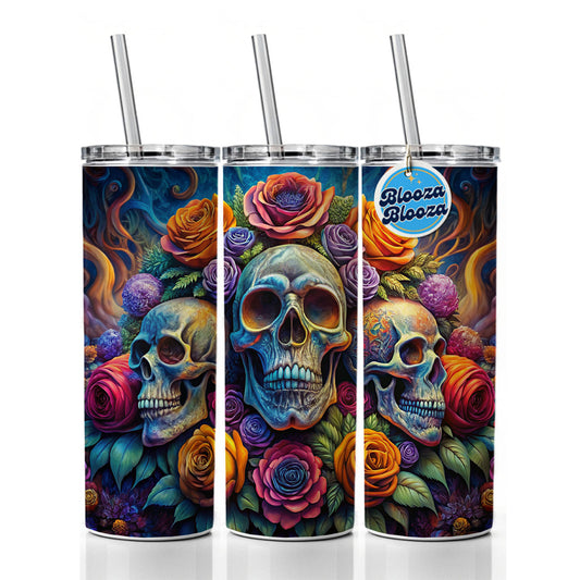 Psychedelic Colorful Skulls And Roses Skinny Tumbler 20oz with Straw Insulated Water Bottle Gift