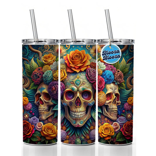 Psychedelic Colorful Skulls Flowers And Roses Skinny Tumbler 20oz with Straw Insulated Water Bottle Gift