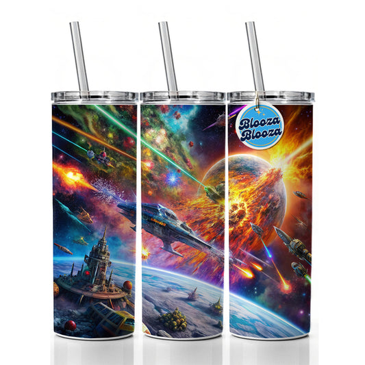 Psychedelic Colorful Space Sci-fi Starship Battle Skinny Tumbler 20oz with Straw Insulated Water Bottle Gift