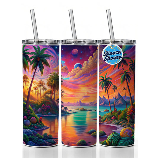 Psychedelic Colorful Tropical Beach Scene Skinny Tumbler 20oz with Straw Insulated Water Bottle Gift