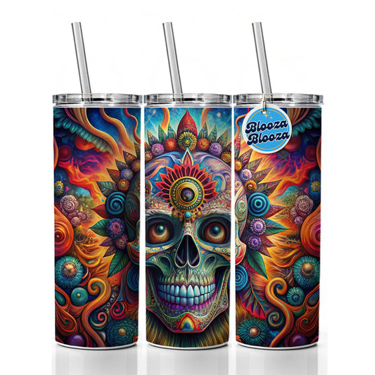 Psychedelic Day of the Dead Skull Vibrant Colors Skinny Tumbler 20oz with Straw Insulated Water Bottle Gift