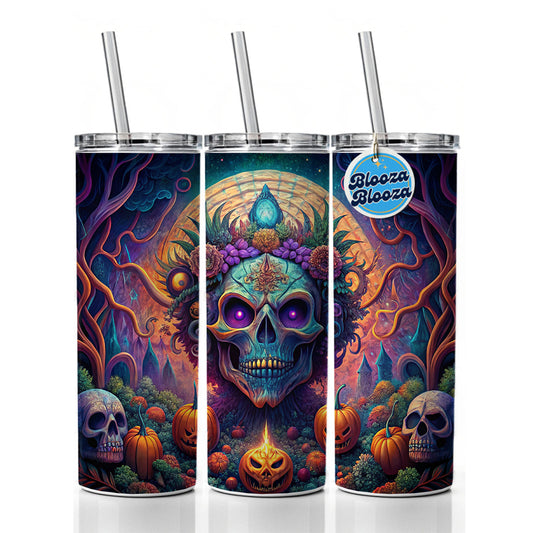 Psychedelic Halloween Skulls Pumpkins Vibrant Colors Skinny Tumbler 20oz with Straw Insulated Water Bottle Gift
