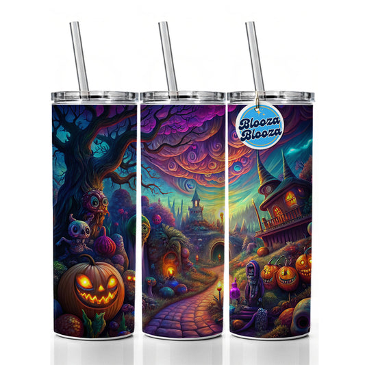 Psychedelic Halloween Town Scene Vibrant Colors Skinny Tumbler 20oz with Straw Insulated Water Bottle Gift