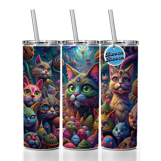 Psychedelic Lots of Cats Vibrant Colors Skinny Tumbler 20oz with Straw Insulated Water Bottle Gift