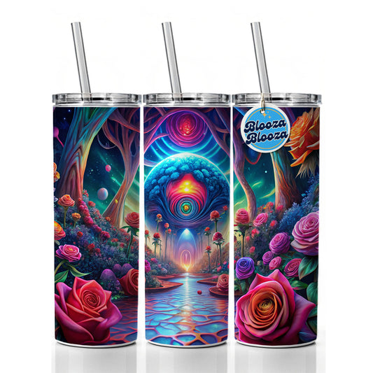 Psychedelic Lots of Colorful Roses Design Skinny Tumbler 20oz with Straw Insulated Water Bottle Gift