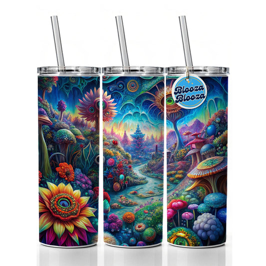 Psychedelic Lots of Flowers Vibrant Colors Skinny Tumbler 20oz with Straw Insulated Water Bottle Gift