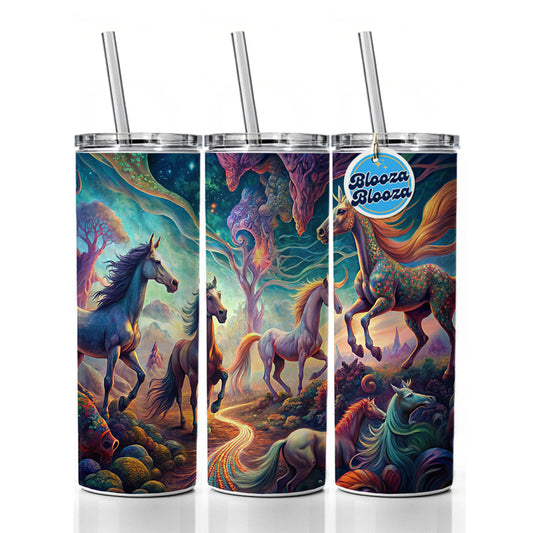 Psychedelic Lots of Horses Vibrant Colors Skinny Tumbler 20oz with Straw Insulated Water Bottle Gift