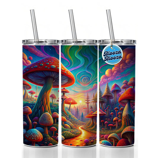 Psychedelic Lots of Mushrooms Vibrant Colors Skinny Tumbler 20oz with Straw Insulated Water Bottle Gift