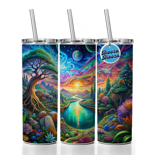 Psychedelic Nature Lake Vibrant Colors Skinny Tumbler 20oz with Straw Insulated Water Bottle Gift