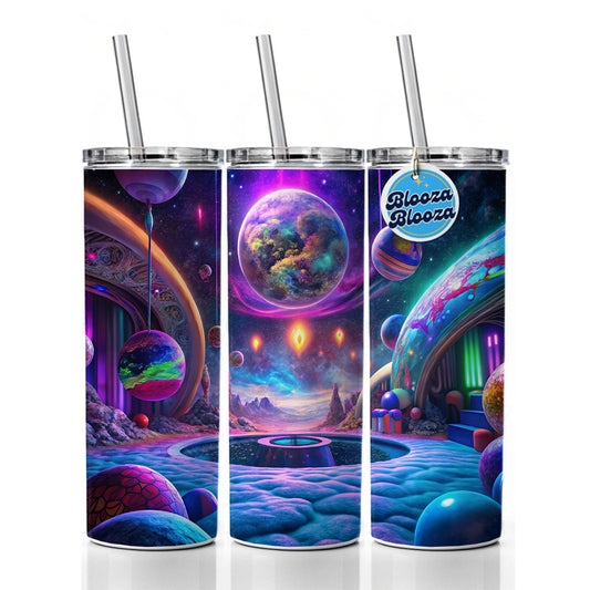 Psychedelic Space Planets Design Skinny Tumbler 20oz with Straw Insulated Water Bottle Gift