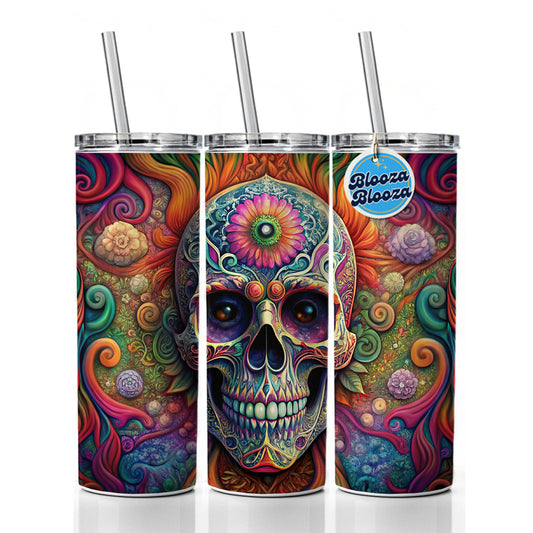 Psychedelic Sugar Skull Day of the Dead Skinny Tumbler 20oz with Straw Insulated Water Bottle Gift