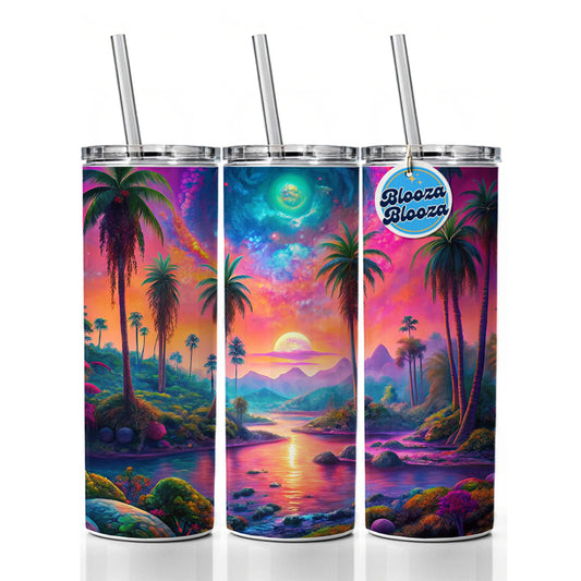 Psychedelic Tropical Palm Trees Colorful Scene Skinny Tumbler 20oz with Straw Insulated Water Bottle Gift