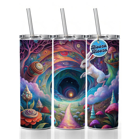 Psychedelic Wonderland White Rabbit Going Down The Hole Skinny Tumbler 20oz with Straw Insulated Water Bottle Gift