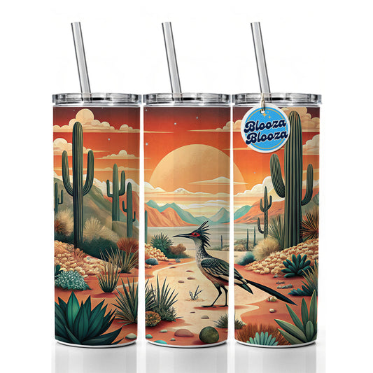 Southwestern Desert Sunrise Roadrunner Design Skinny Tumbler 20oz with Straw Insulated Water Bottle Gift