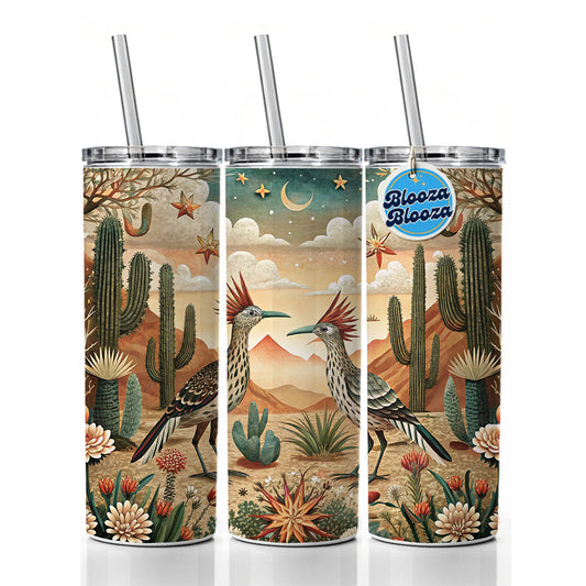 Southwestern Desert Tribal Roadrunners Design Skinny Tumbler 20oz with Straw Insulated Water Bottle Gift