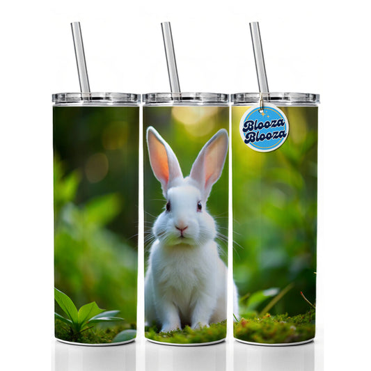 White Bunny Rabbit Skinny Tumbler 20oz with Straw Insulated Water Bottle Gift