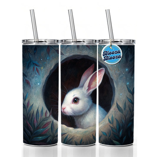 White Rabbit Bunny In A Dark Hole Skinny Tumbler 20oz with Straw Insulated Water Bottle Gift