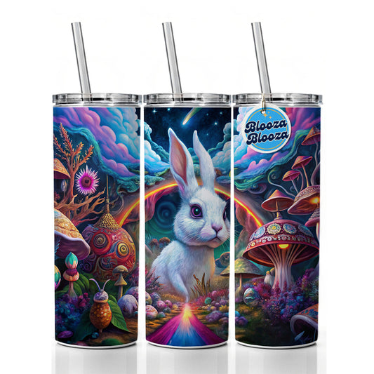 White Rabbit Psychedelic Trippy Wonderland Design Skinny Tumbler 20oz with Straw Insulated Water Bottle Gift
