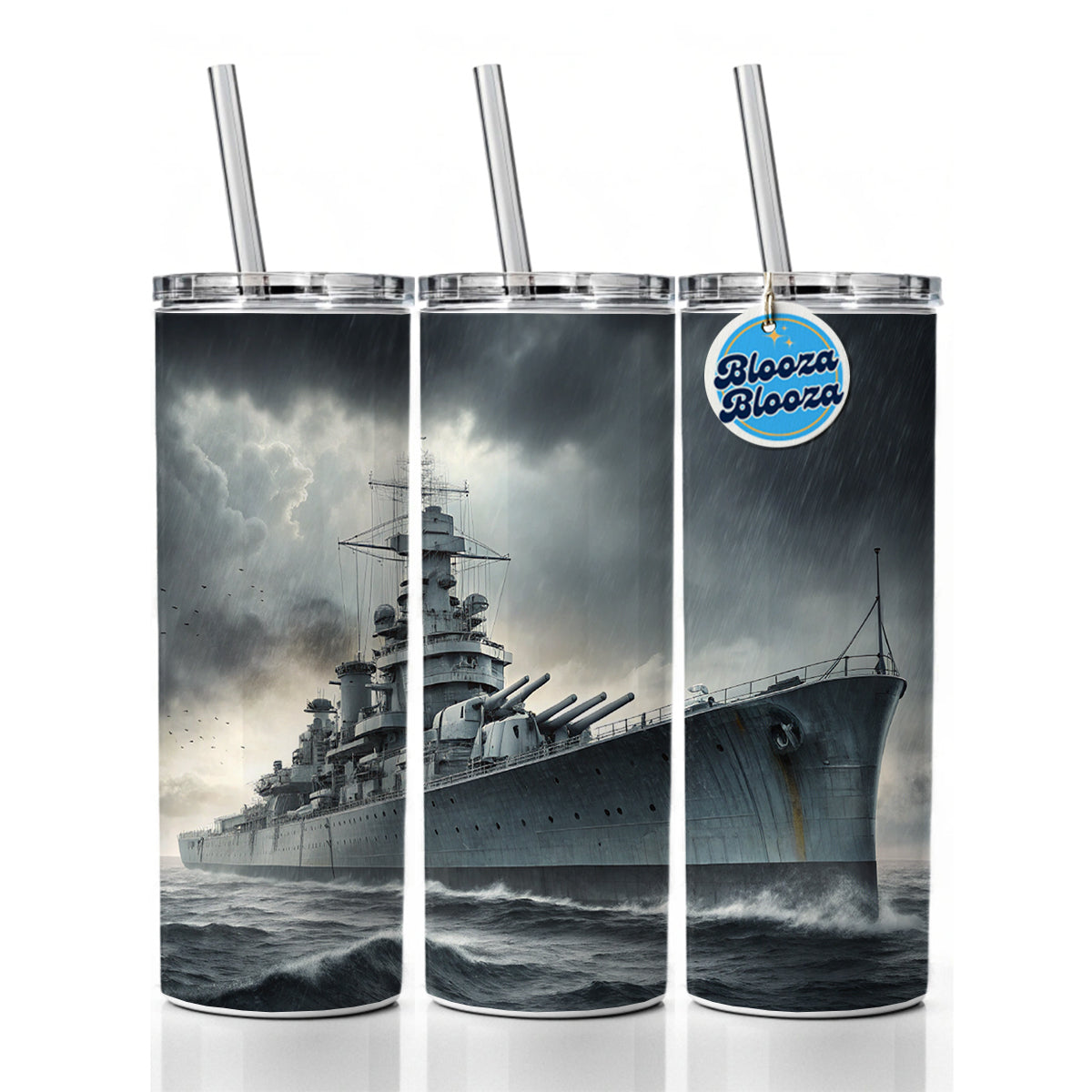 WWII Battleship At Sea Skinny Tumbler 20oz with Straw Insulated Water Bottle Gift