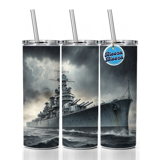 WWII Battleship At Sea Skinny Tumbler 20oz with Straw Insulated Water Bottle Gift