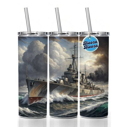 WWII Destroyer at Sea Skinny Tumbler 20oz with Straw Insulated Water Bottle Gift