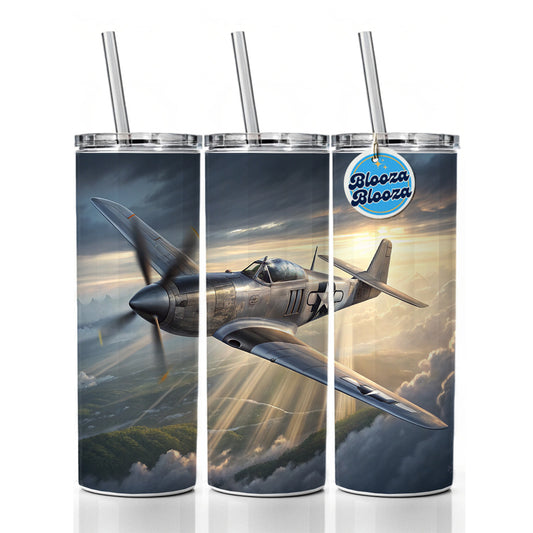 WWII Mustang US Air Force Fighter Plane In Flight Skinny Tumbler 20oz with Straw Insulated Water Bottle Gift