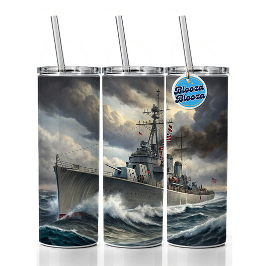 WWII Navy Destroyer Skinny Tumbler 20oz with Straw Insulated Water Bottle Gift