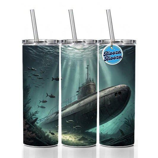 WWII Submarine Submerged Underwater Skinny Tumbler 20oz with Straw Insulated Water Bottle Gift